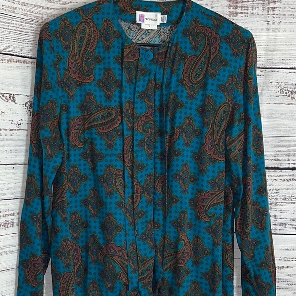 Vintage Prophecy Blouse Womens Size 14 80s paisley button up pleated Modest